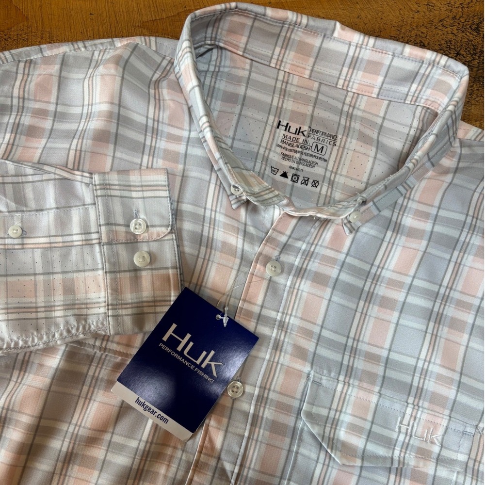 NWT Huk Performance Fishing Mens Tide Point Woven Plaid Long Sleeve Shirt Medium